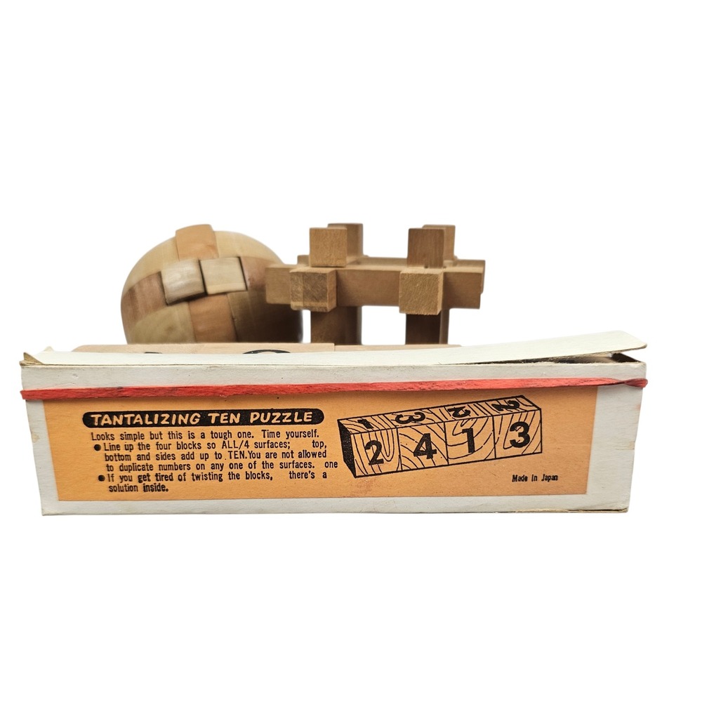 Vtg 1940s Tantalizing Ten Wooden Puzzle Set Japan Logic Brain Teaser Burr Sphere